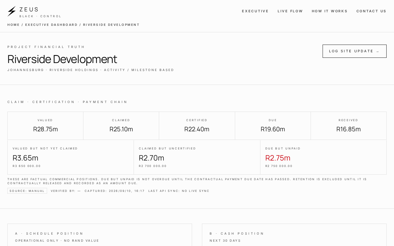 Zeus Black V2 financial pipeline showing valued, claimed, certified, due and received amounts